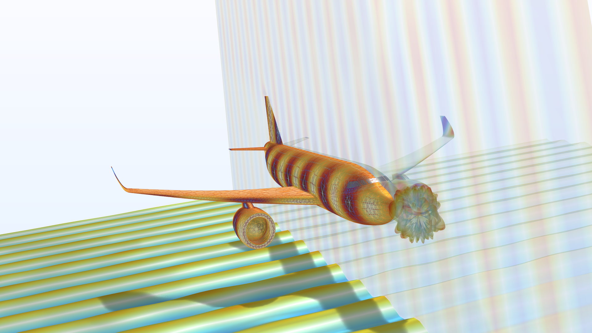 A model of an airplane showing the radar cross section in the Thermal Wave color table.